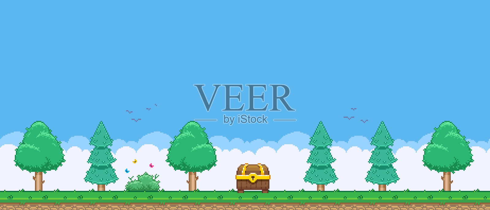 彩色简单的矢量像素艺术水平插图卡通宝箱在混合森林在复古的视频游戏平台风格插画图片素材