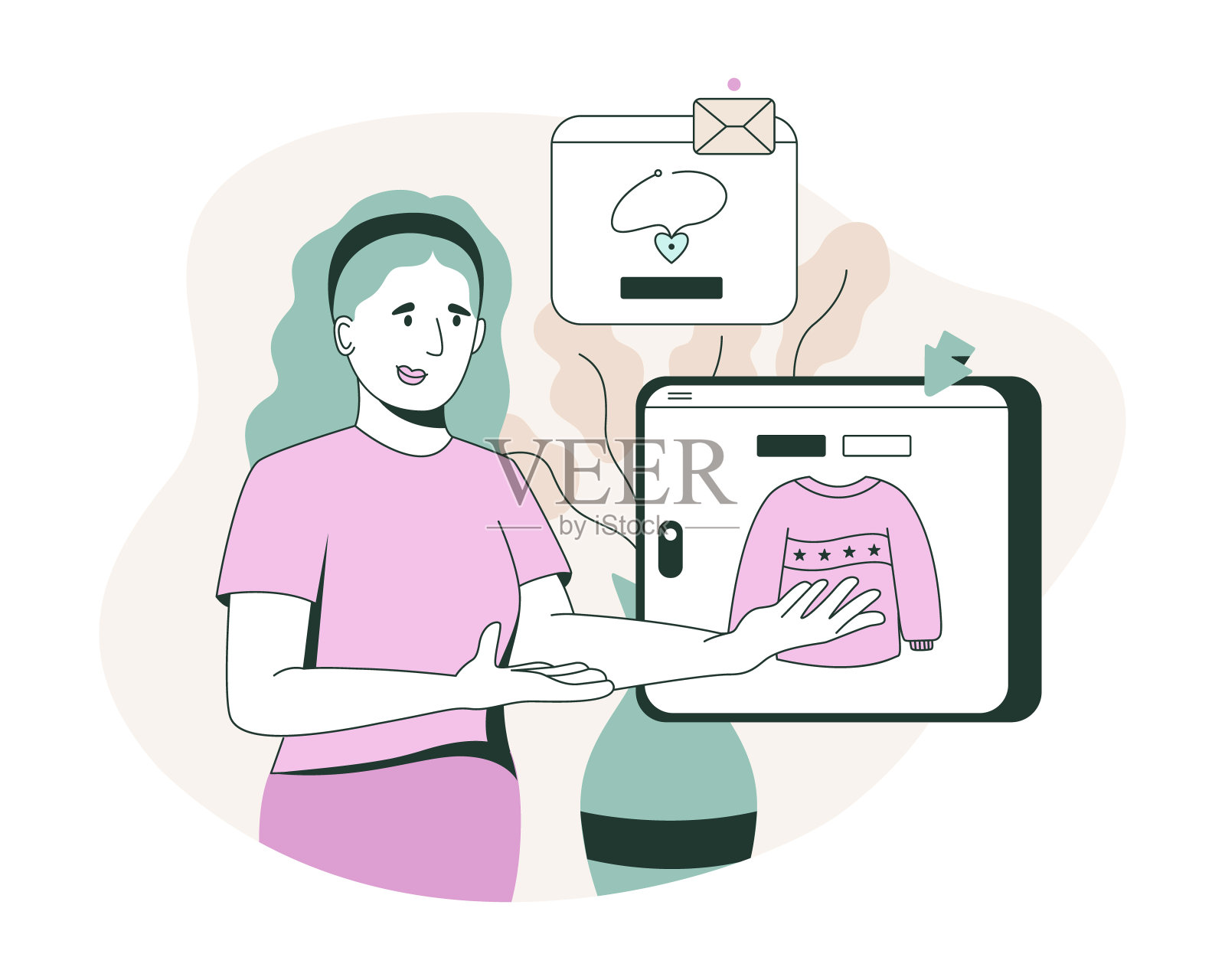 女士在网上商店订购珠宝和衣服。年轻人做网上购物的观念插画图片素材