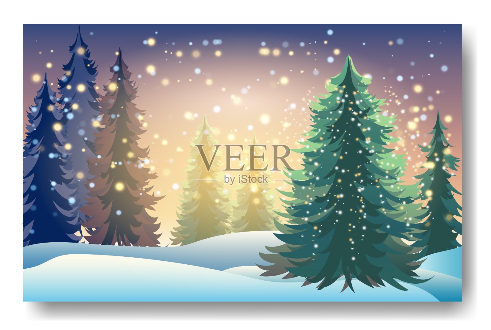 冬天的背景景观有冷杉树和雪中的松树。针叶林，夜晚，天空，星星。圣诞装饰。矢量图插画图片素材