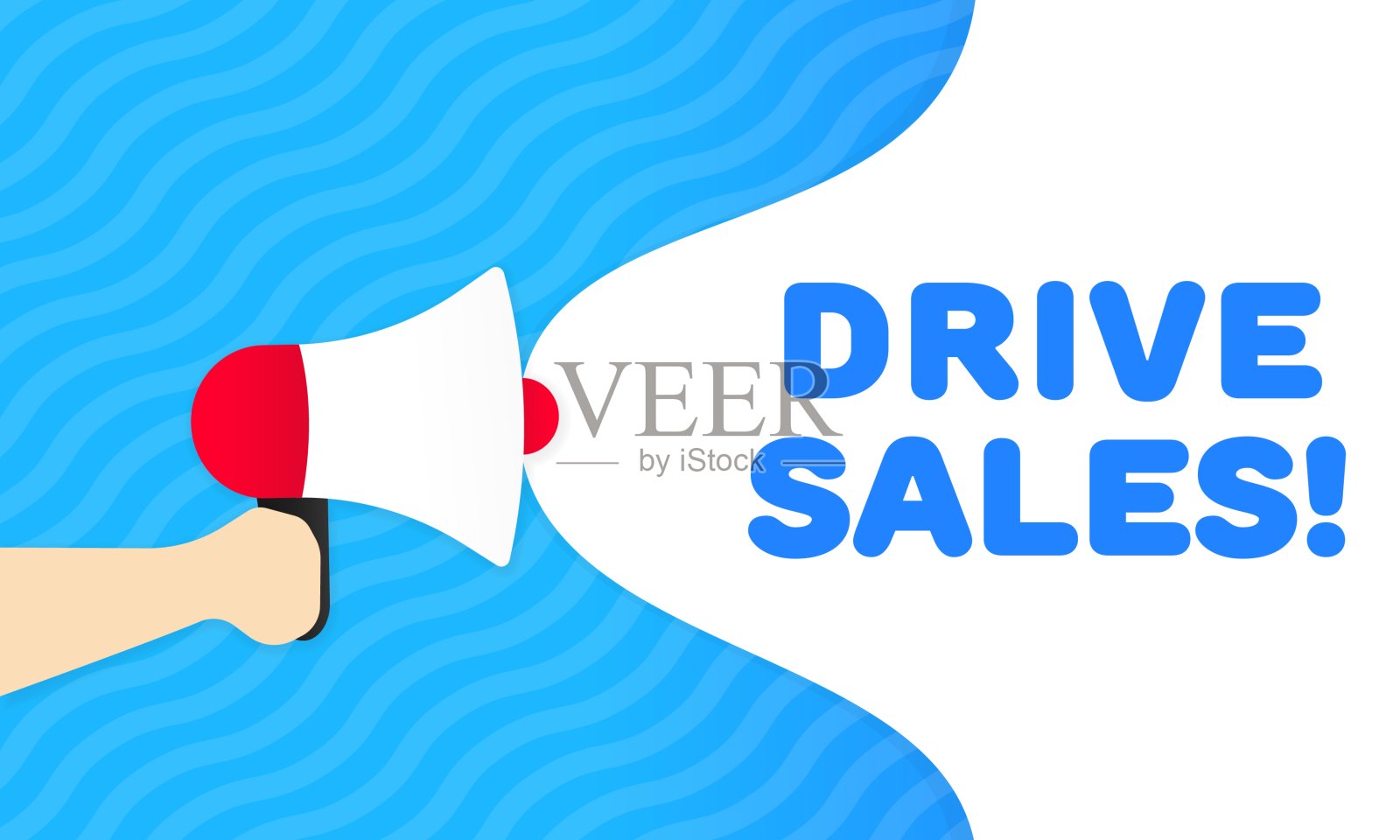 驱动销售标志。蓝色的平板，扩音器上的文字，驱动销售标志。矢量图标插画图片素材