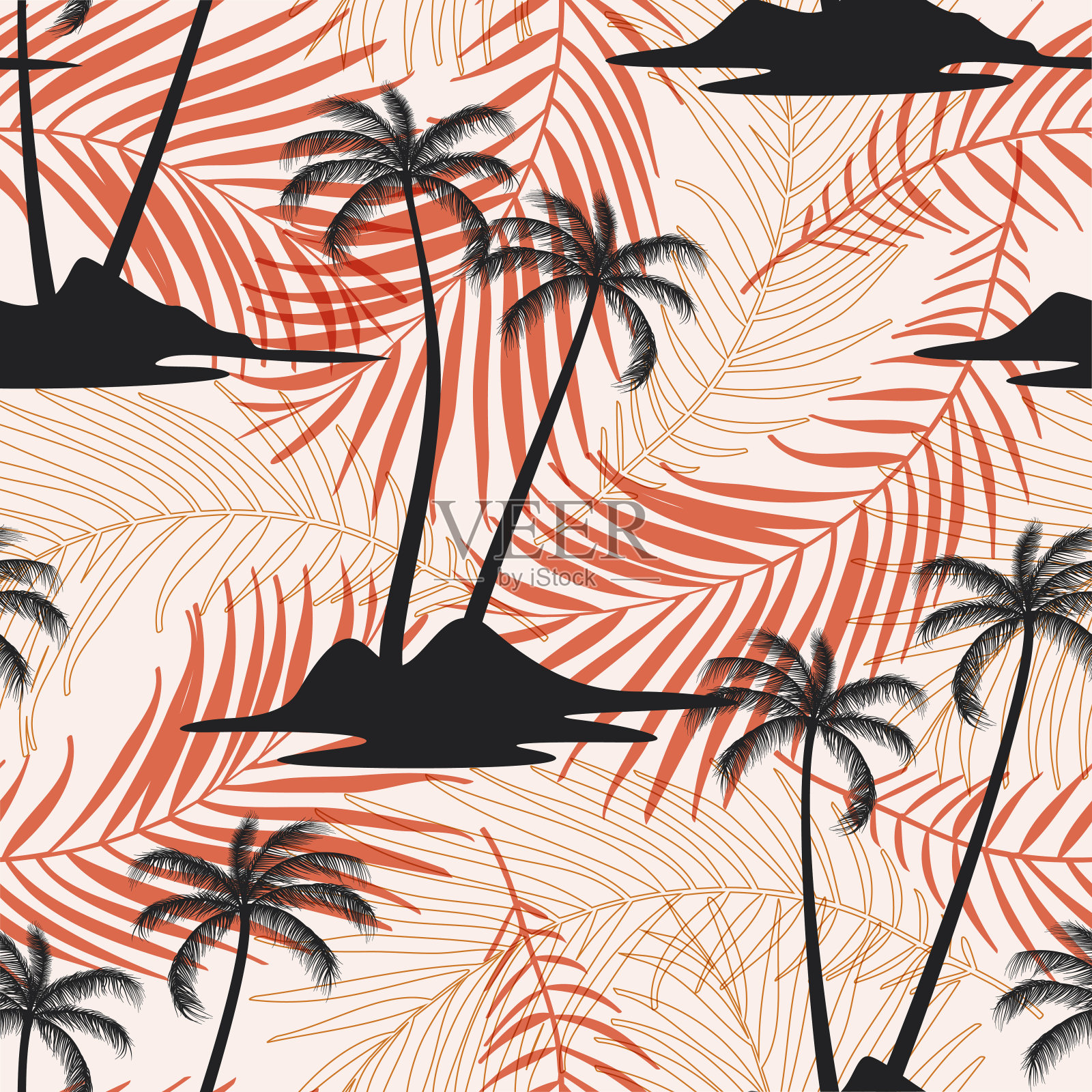 抽象花椰子树无缝图案与叶子。热带的背景插画图片素材