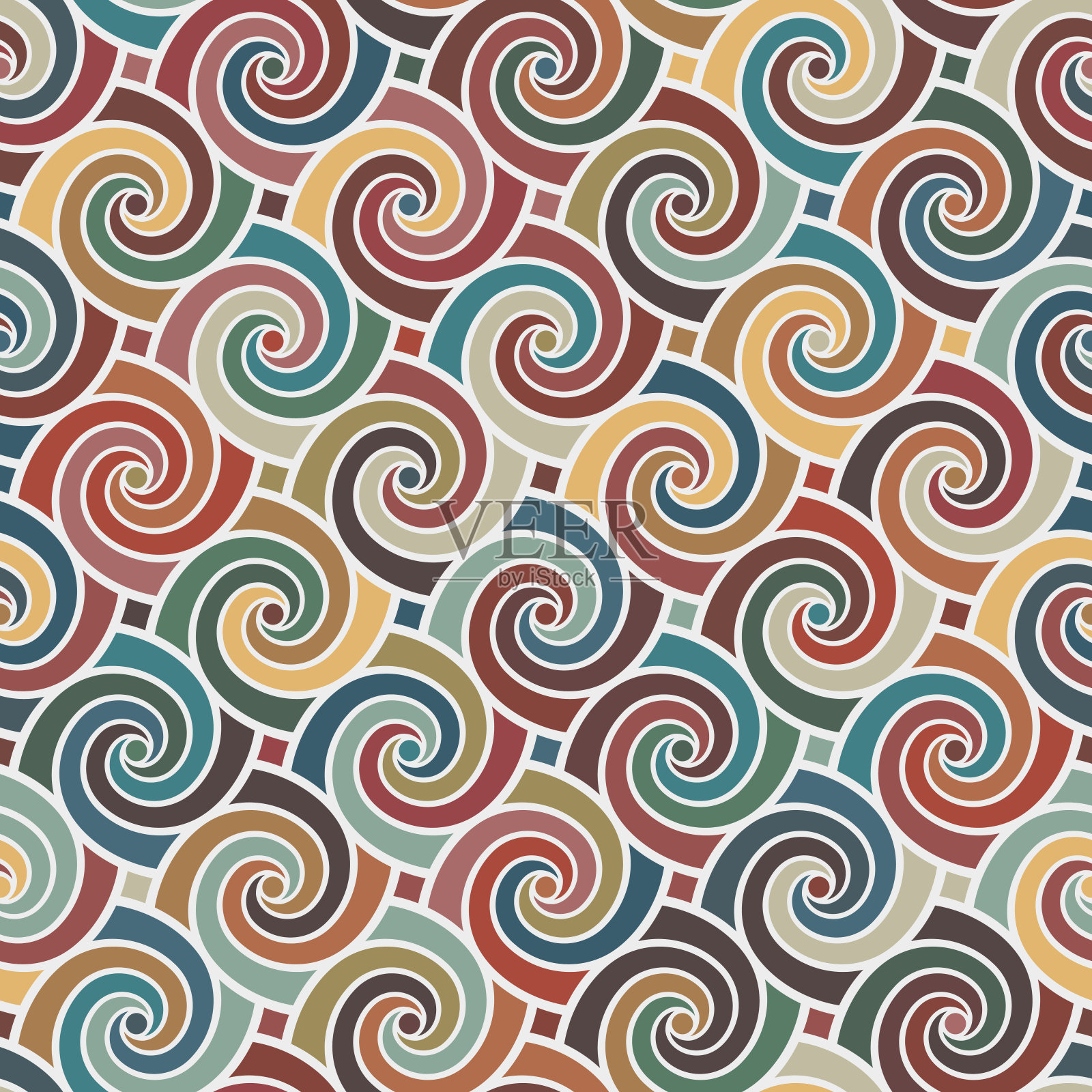 无缝几何图案与彩色条纹螺旋。抽象的背景。复古风格的设计，复古的颜色。矢量插图。插画图片素材