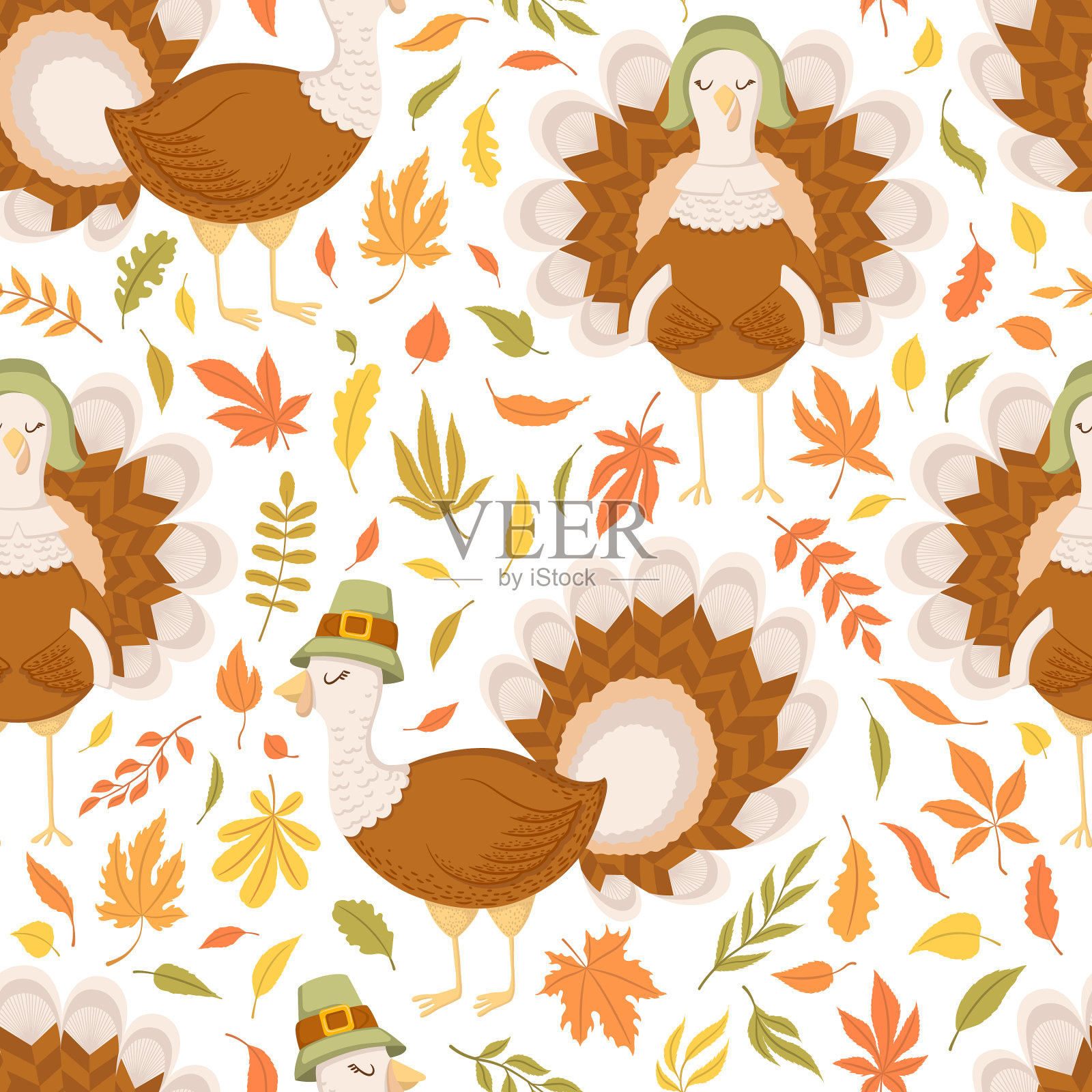 无缝图案与可爱的卡通火鸡插画图片素材
