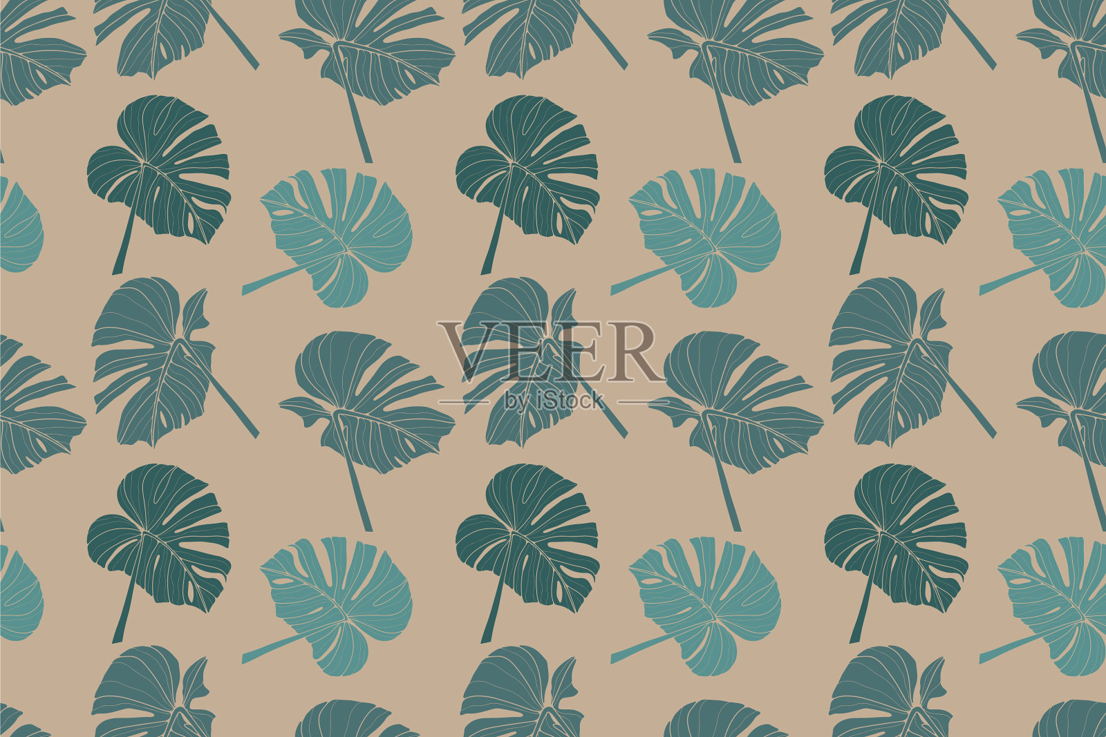 热带复古无缝图案与树叶插画图片素材