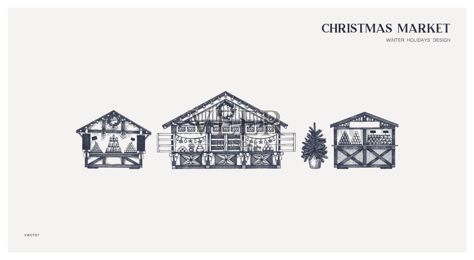 圣诞市集贺卡或请柬设计手插画图片素材