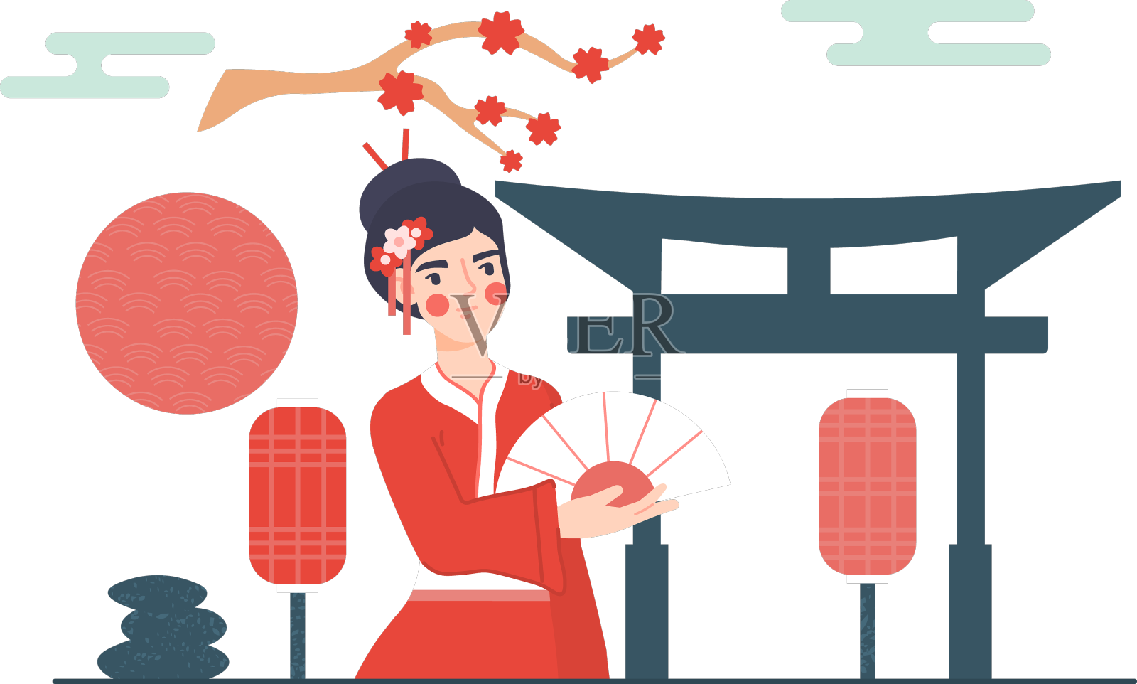 艺伎用手扇概念设计元素图片