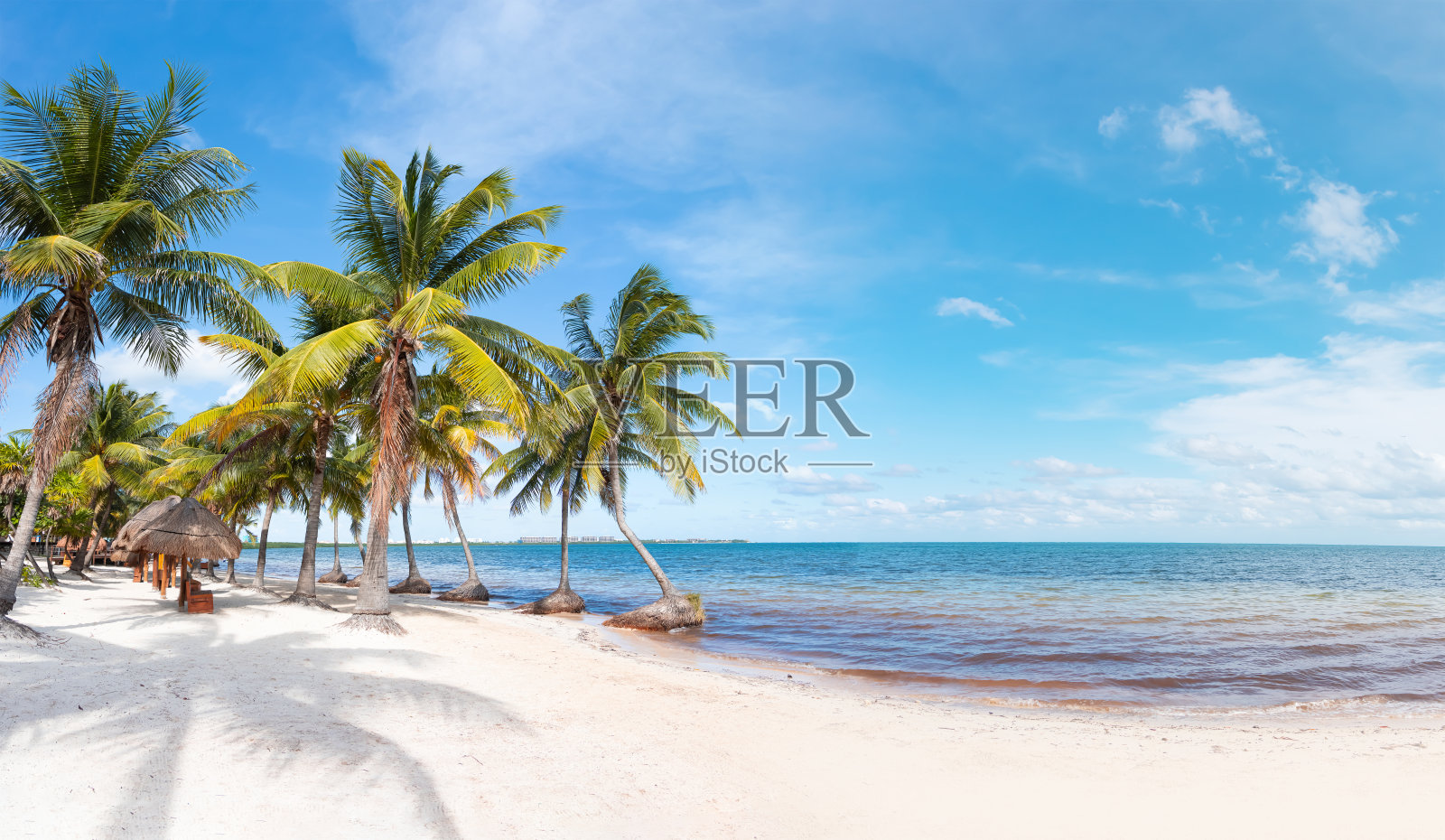阳光明媚的海滩，棕榈树和绿松石般的大海。暑假和热带海滩的概念-墨西哥坎昆照片摄影图片