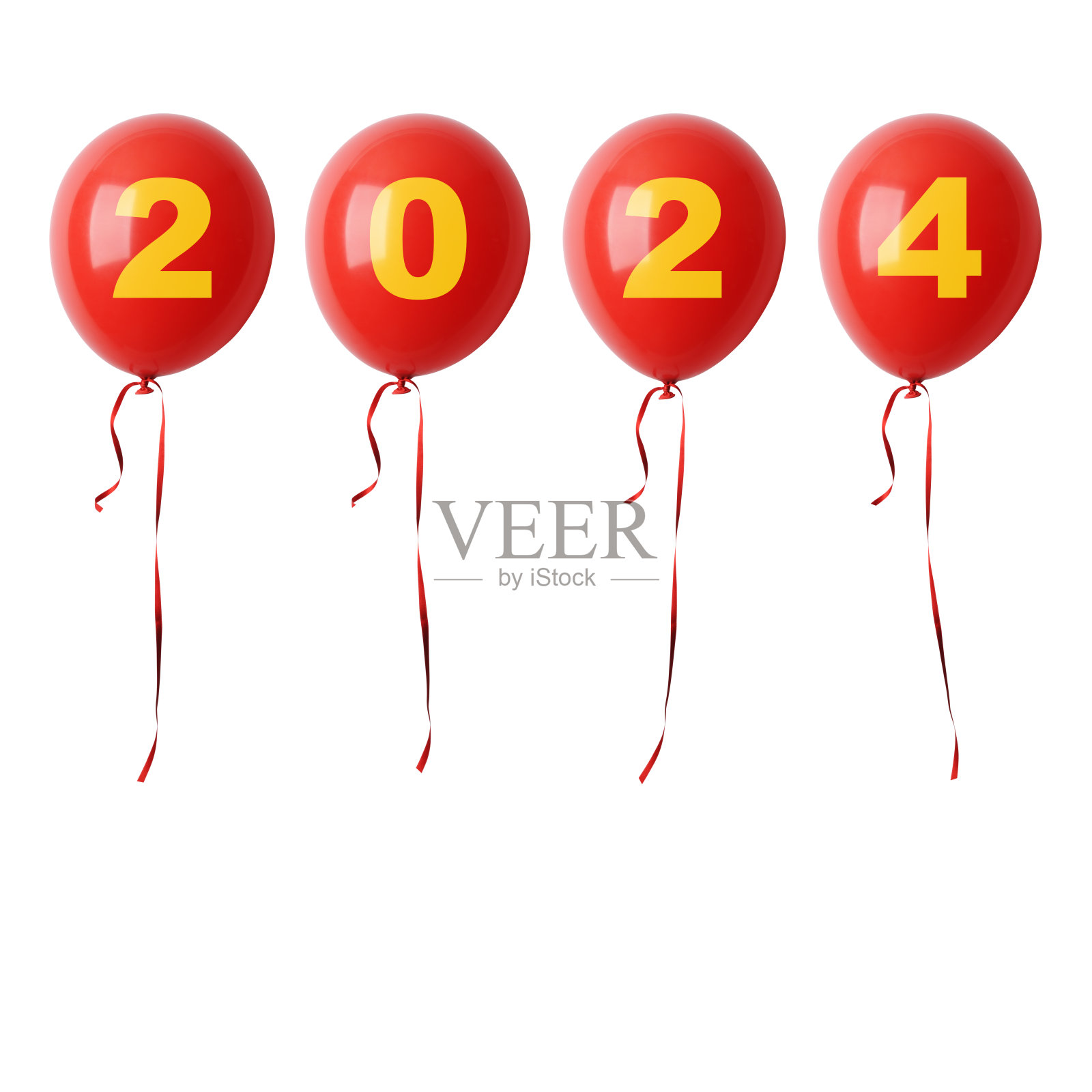 单独拍摄的四个红色气球，上面写着2024，背景是白色的。照片摄影图片
