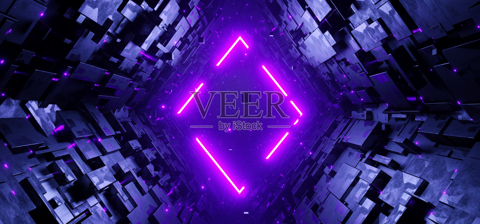 科幻钻石隧道与霓虹紫色激光菱形标志概念背景照片摄影图片