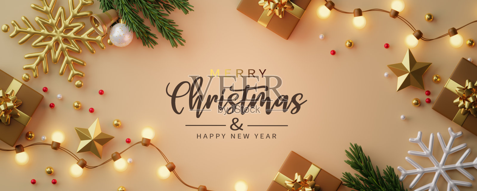 圣诞节的旗帜。背景圣诞设计闪闪发光的花环，与现实的礼盒，金色的雪花和绿色的松叶。横向圣诞海报，贺卡，标题，网站照片摄影图片