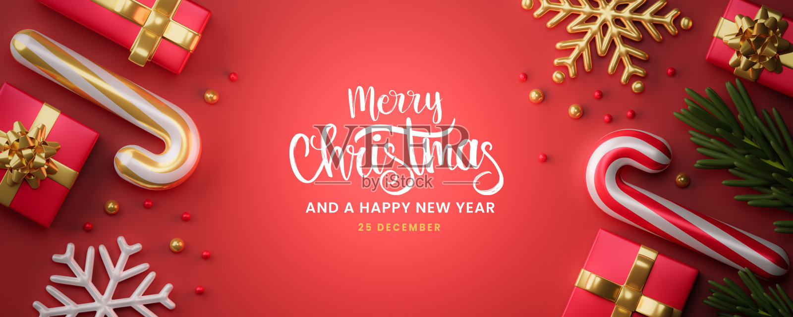 圣诞节的旗帜。背景圣诞设计闪闪发光的花环，与现实的礼盒，红色和金色的甘蔗糖，圣诞球和绿色的松叶。横向圣诞海报，贺卡，标题，网站照片摄影图片