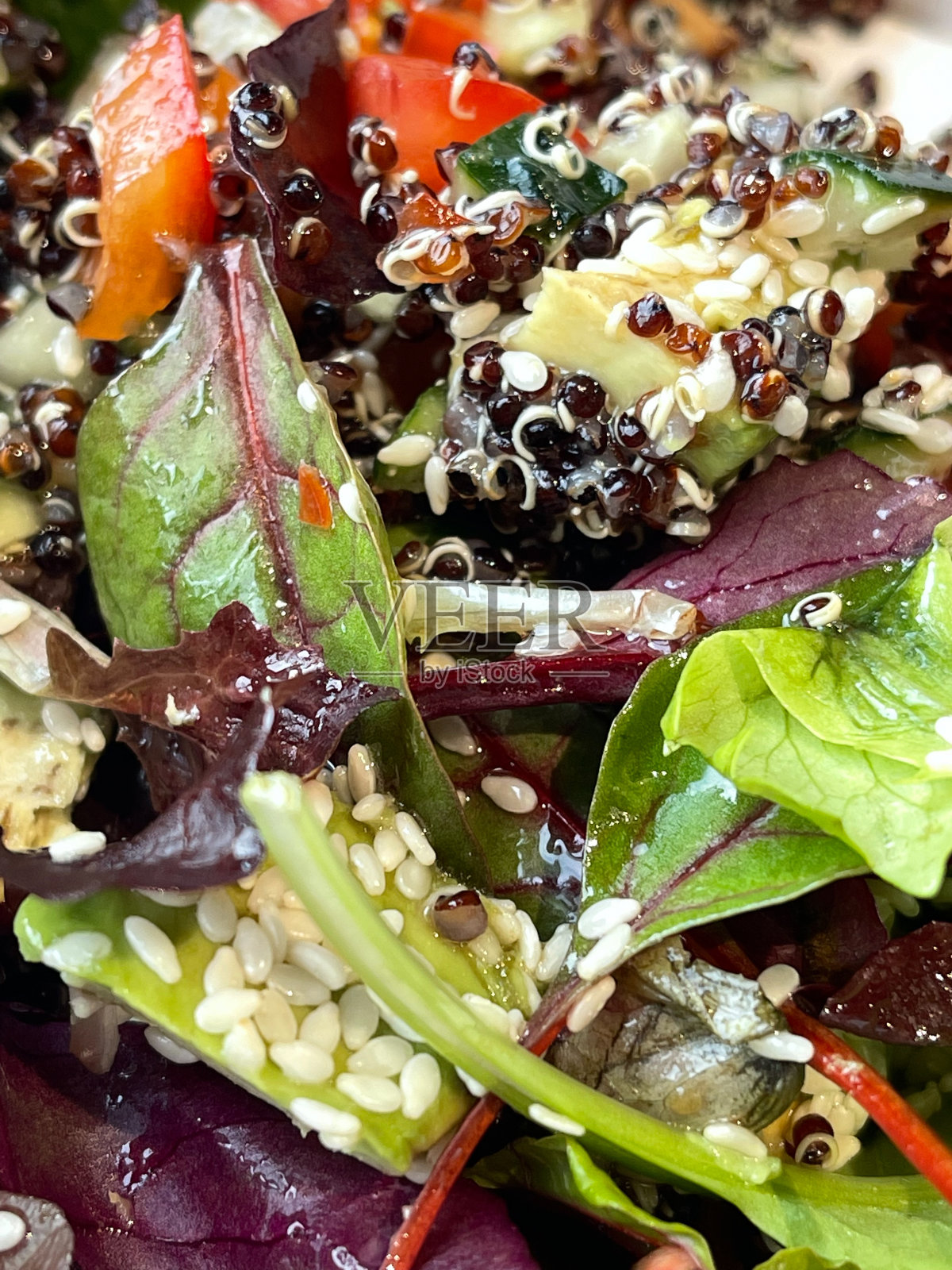 有鸡肉的亚洲食物。沙拉和酱汁照片摄影图片