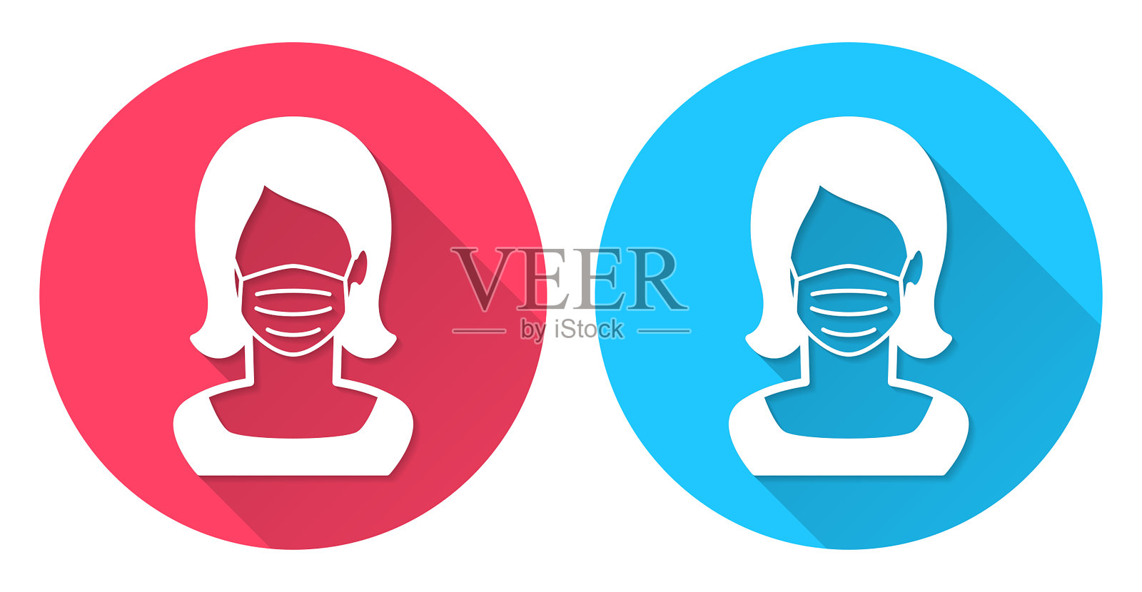 戴医用面罩的妇女。圆形图标与长阴影在红色或蓝色的背景插画图片素材