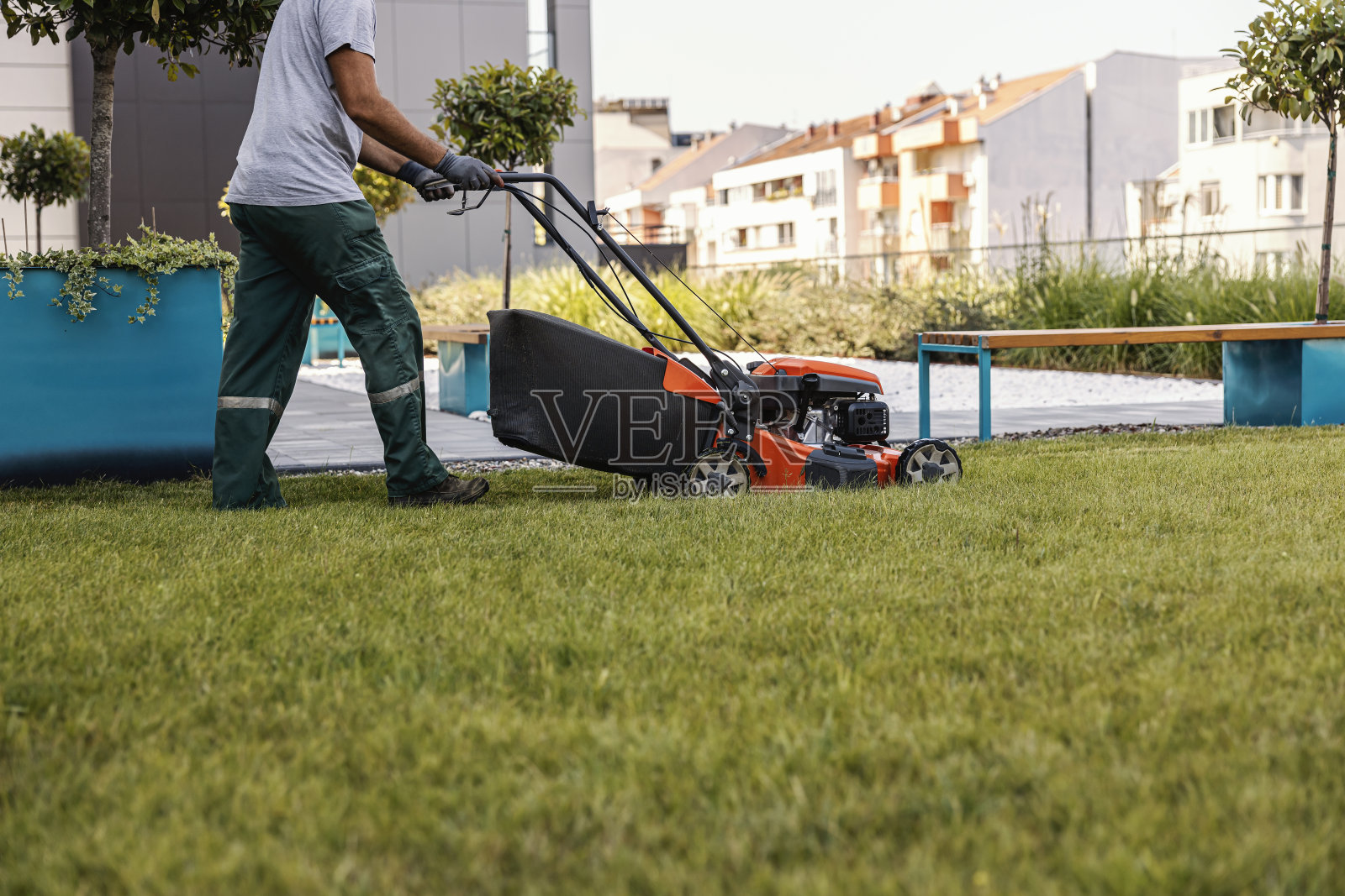 一名工人拿着割草机在草坪上翻腾的照片。照片摄影图片
