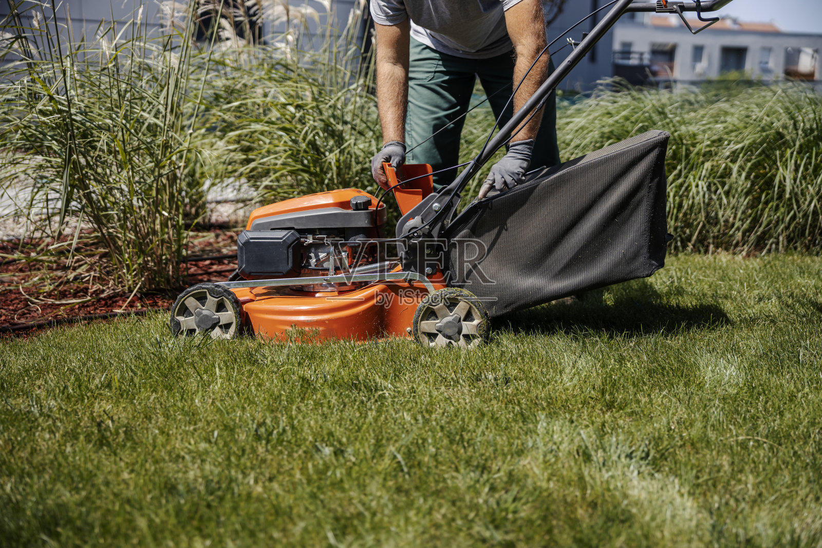 裁剪后的工人正在为割草准备割草机。照片摄影图片