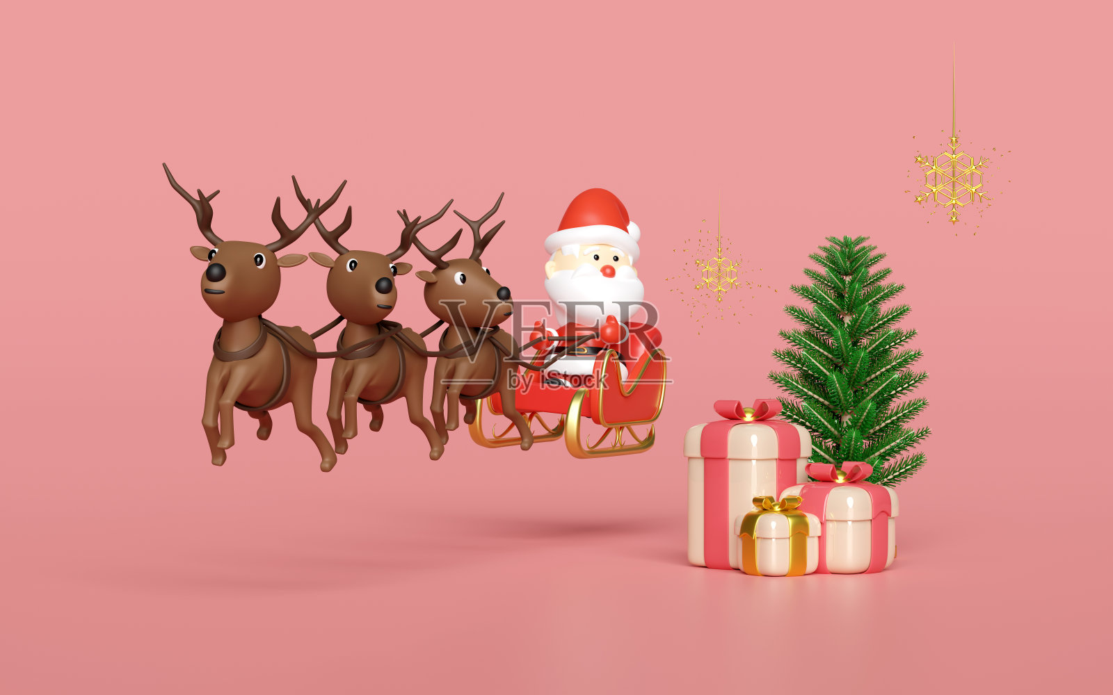3d驯鹿与圣诞老人，雪橇，礼盒，松树，礼盒，雪花。圣诞快乐，新年快乐，3d渲染插图照片摄影图片