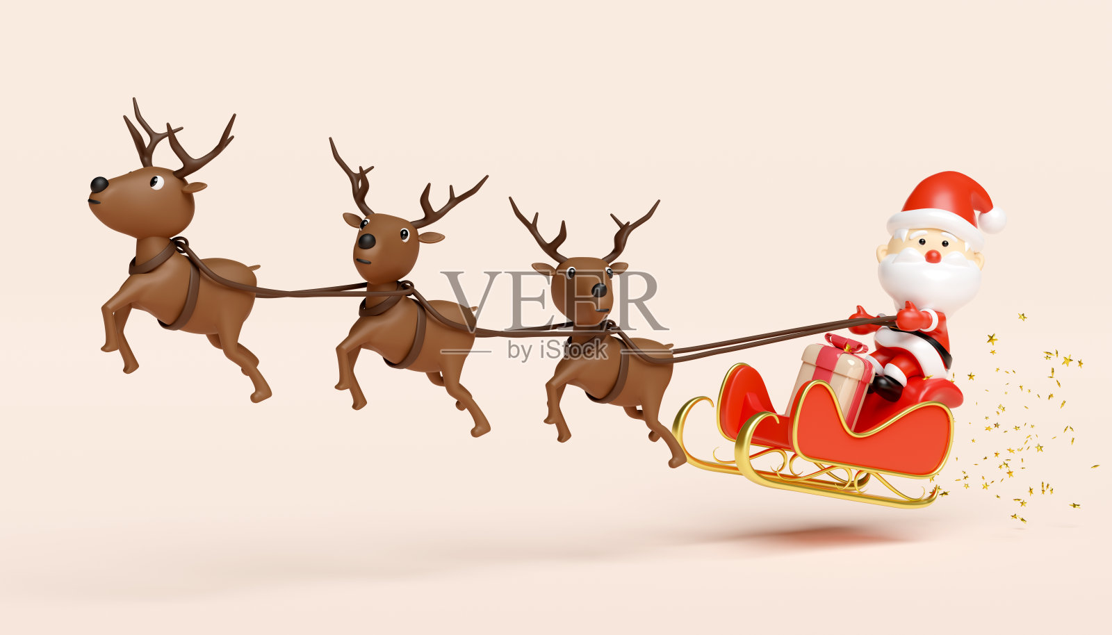 3d驯鹿与圣诞老人，雪橇，礼盒。圣诞快乐，新年快乐，3d渲染插图照片摄影图片