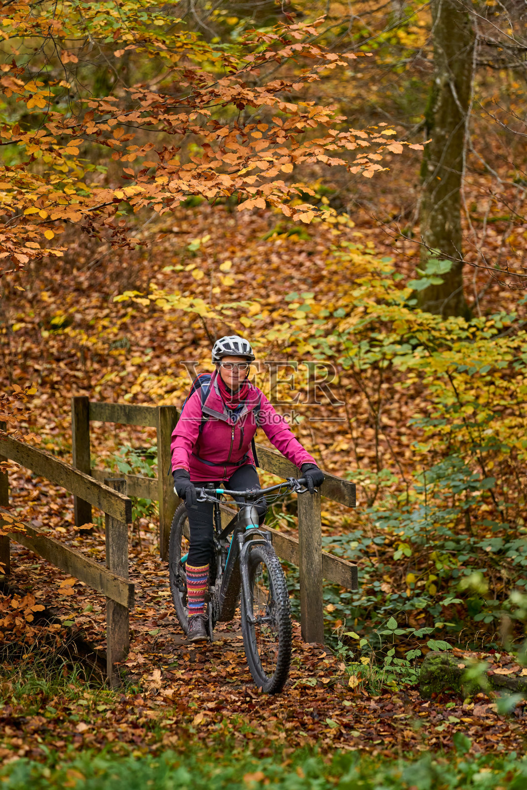 老年妇女骑电动山地车在秋天的森林照片摄影图片