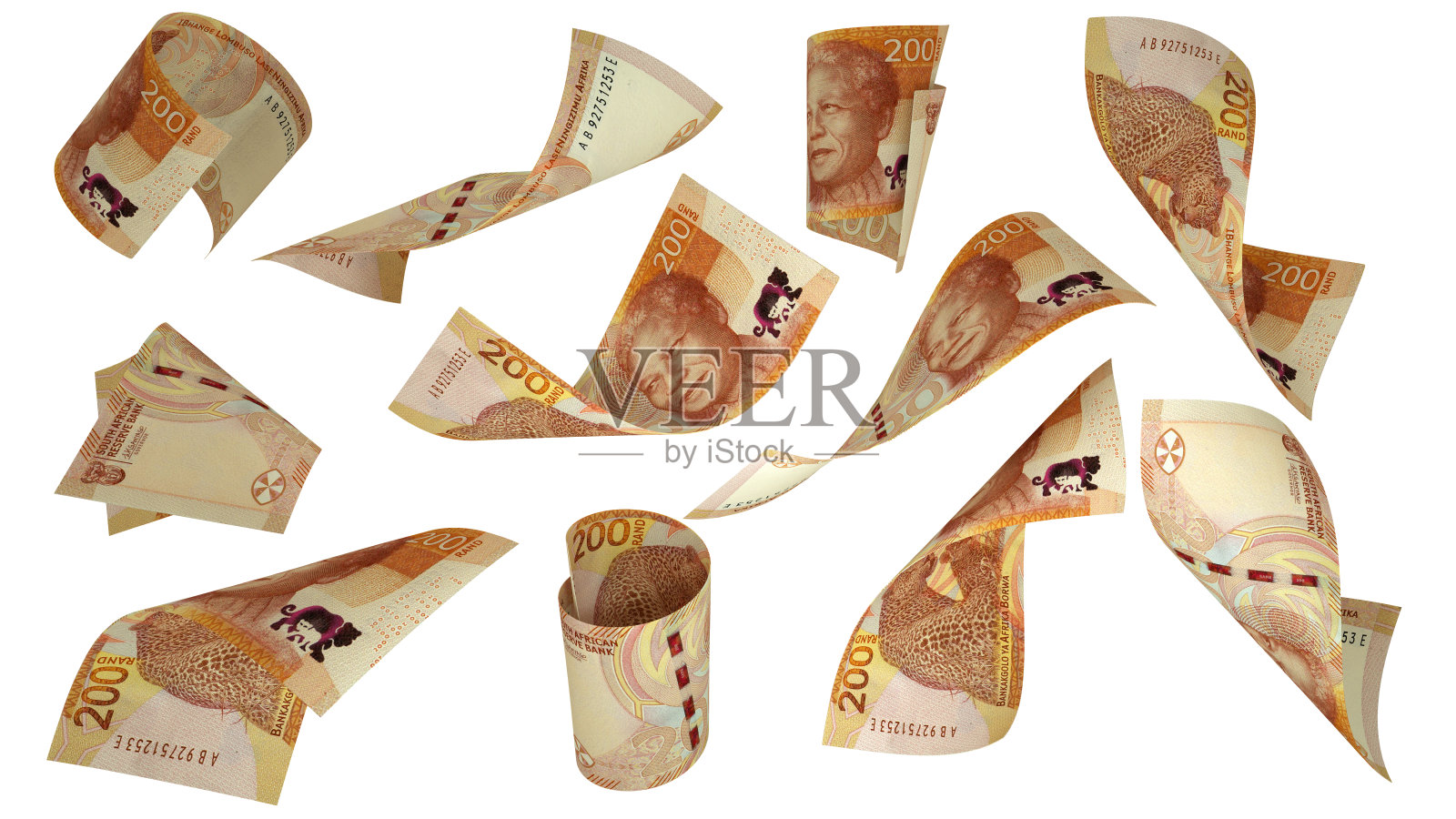 2023年南非兰特纸币的3D渲染，以不同的角度和方向飞行，孤立在白色背景上照片摄影图片