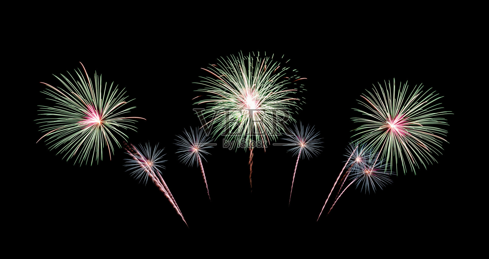 庆祝和周年纪念的黑色背景的节日绿色烟花照片摄影图片