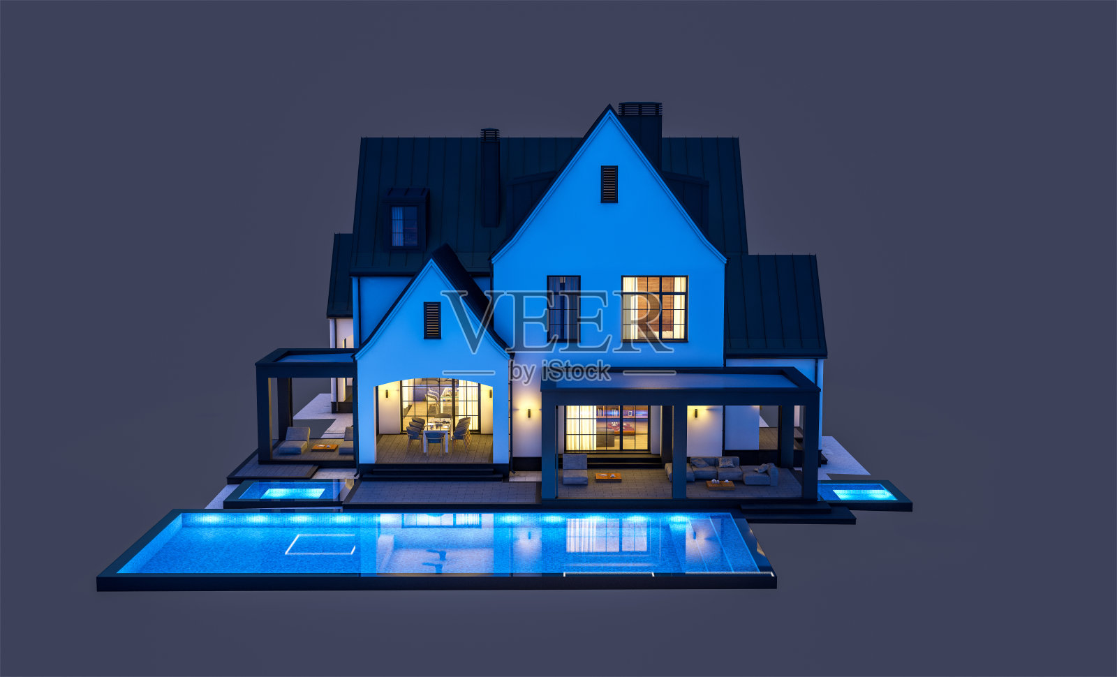 3D渲染：黑色背景中孤立的黑白色现代都铎式房屋照片摄影图片