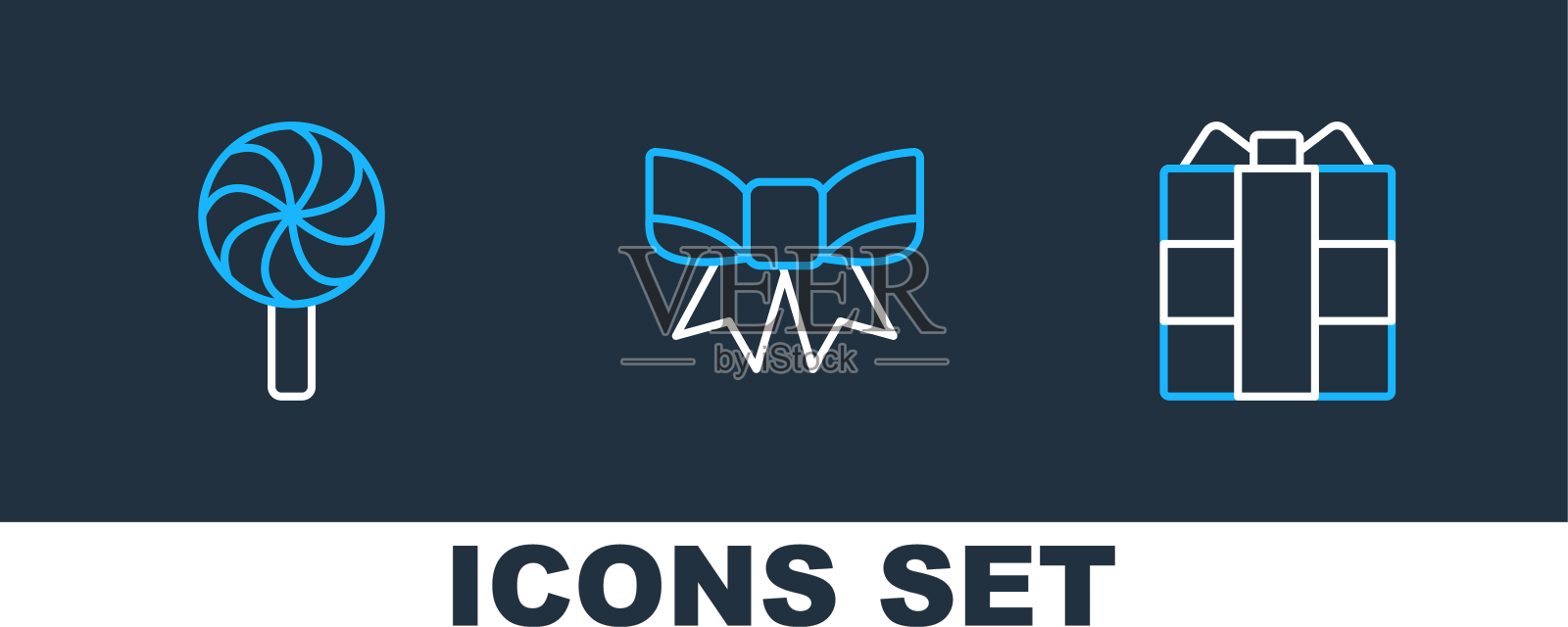 设置线礼盒棒棒糖和弓图标设计元素图片