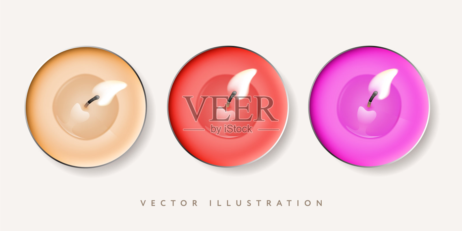 茶烛套装。不同颜色的燃烧光隔离在白色背景，矢量插图。插画图片素材