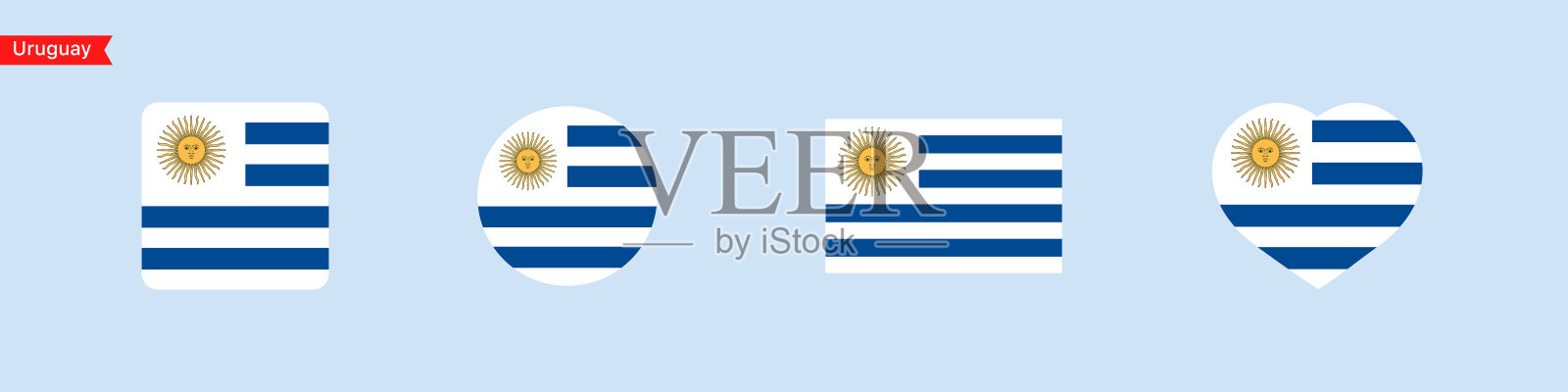 乌拉圭国旗。用于语言选择的标志图标。乌拉圭国旗呈方形、圆形、心形。矢量图标插画图片素材