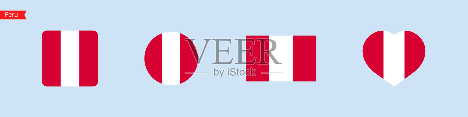 秘鲁国旗图标。秘鲁国旗设置符号。国家的象征。方形、圆形、心形旗帜。向量孤立插画图片素材