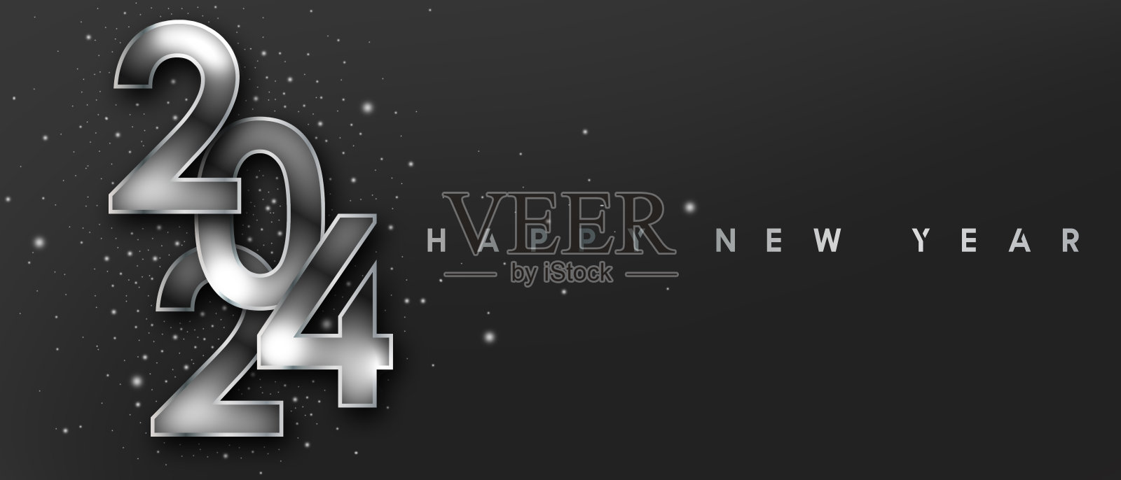 2024年新年快乐。黑色背景上闪亮的银色金属数字插画图片素材