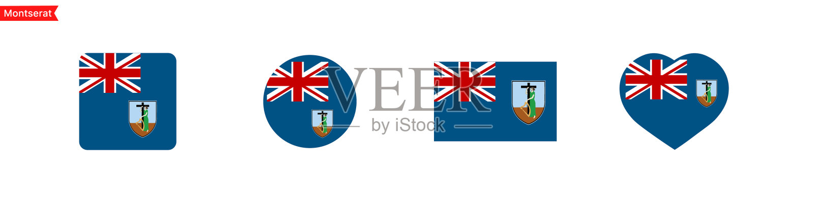 蒙特塞拉特国旗图标的语言选择。蒙特塞拉特旗呈方形、圆形、心形。矢量图标插画图片素材