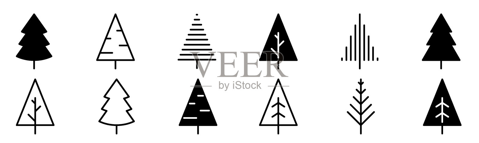 圣诞树轮廓图标集。线性符号集合。可编辑的中风插画图片素材