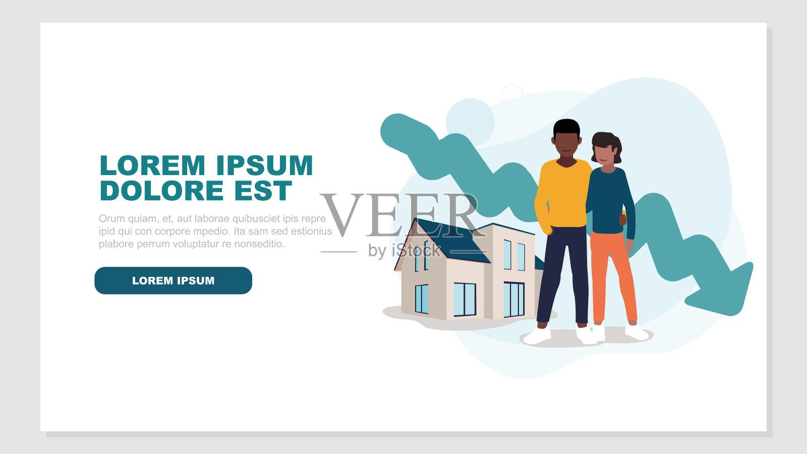 矢量插图的一对夫妇站在他们的房子前面与倾斜的股票市场曲线在背景财产概念插画图片素材