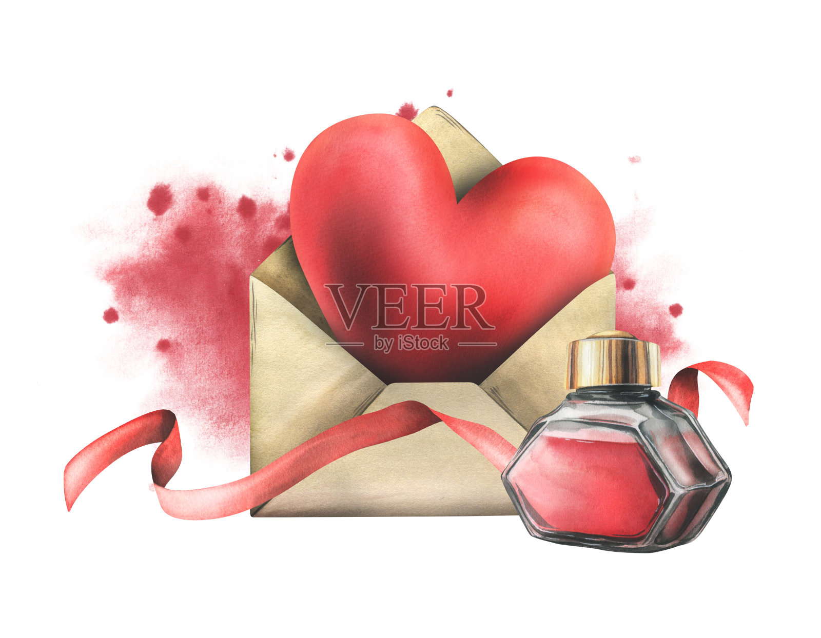 用墨水和丝带装在信封里的大红心。手绘水彩插图。在白色背景上准备好孤立的构图。插画图片素材