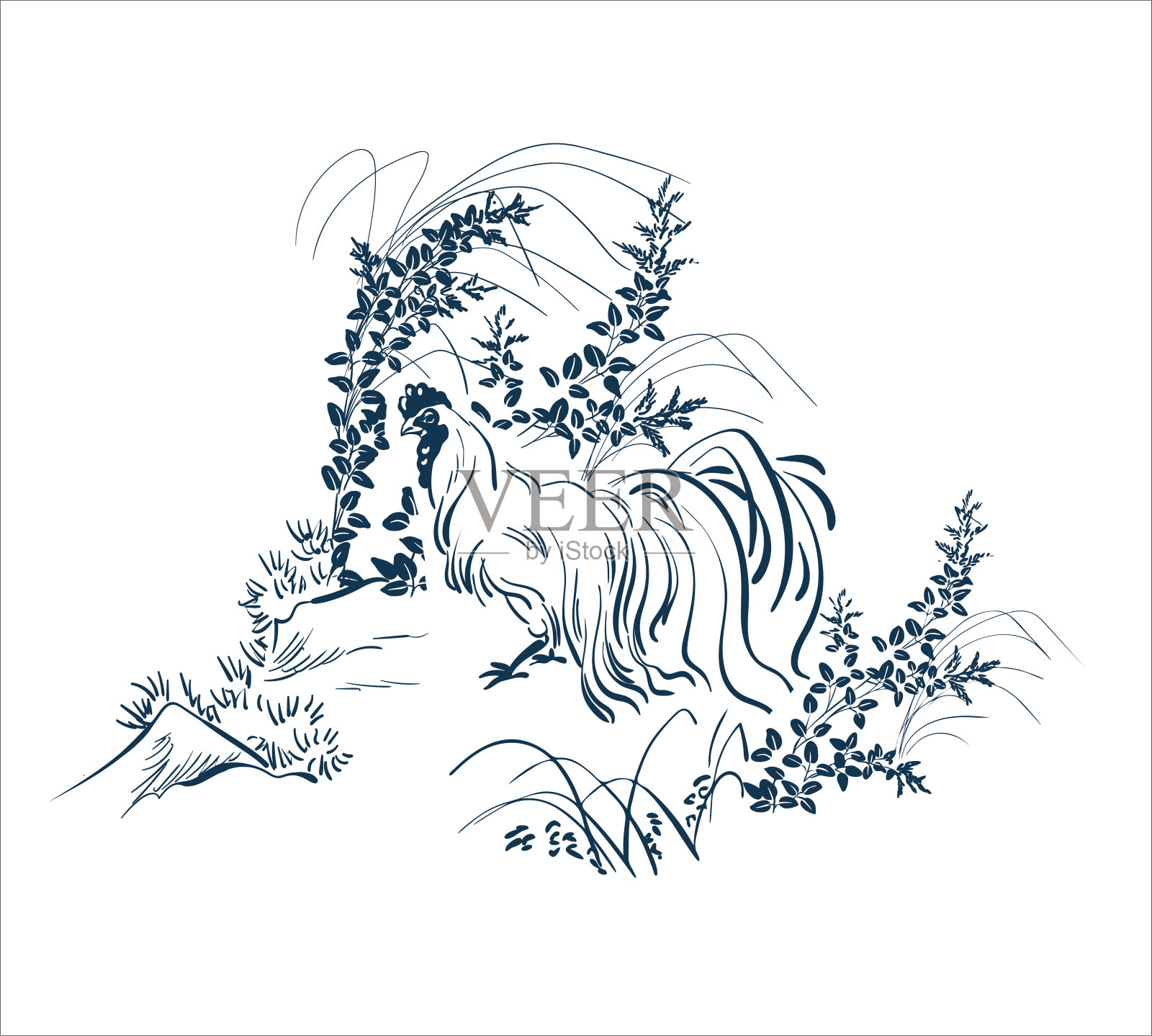鸡日本中国设计素描水墨画风卡背景农家山水鸟鸡胡枝子插画图片素材