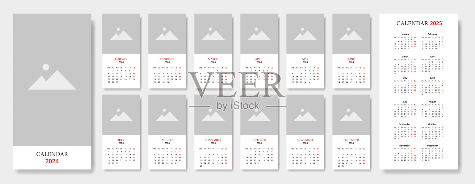 挂历2024，有图像空间加上2025年日历，从周一开始的一周。插画图片素材