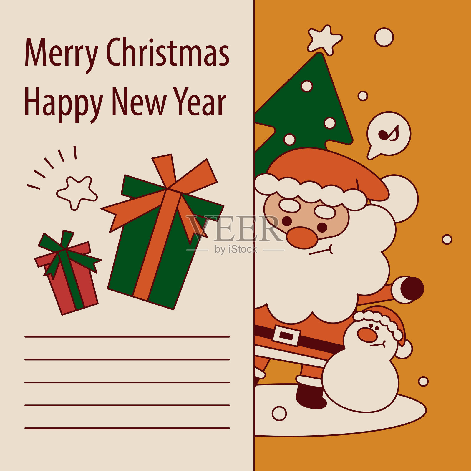 可爱的圣诞老人和雪人问候背后的礼品店网页祝你圣诞快乐和新年快乐插画图片素材