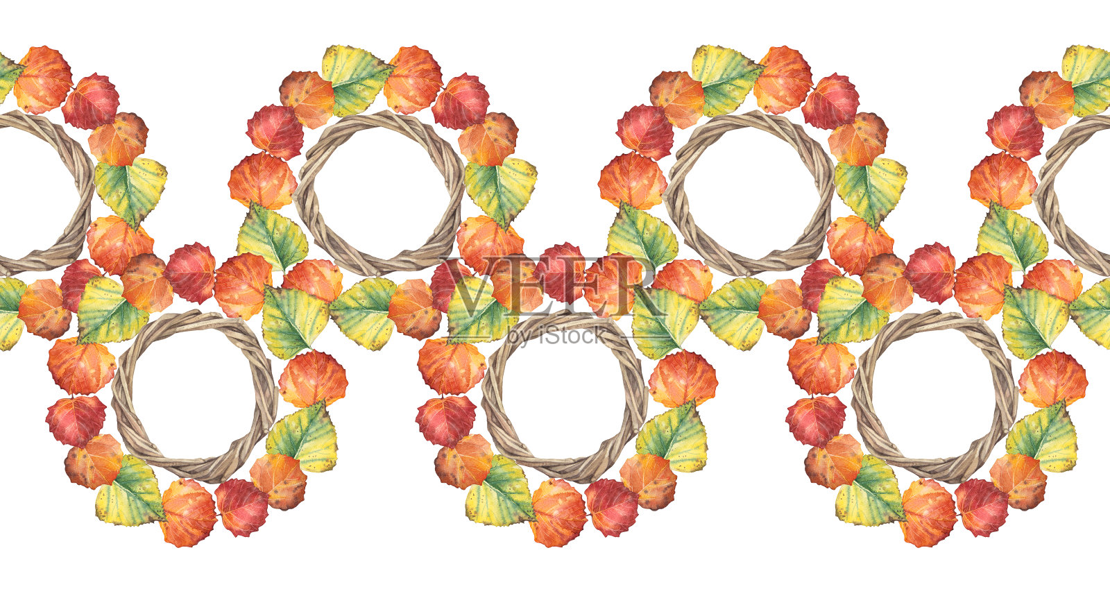 无缝边缘与秋天的花环。带复制空间的圆形帧。水彩画手绘红色橙色叶子在白色的背景。森林自然植物的叶子。万圣节包装纸或墙纸的边框插画图片素材