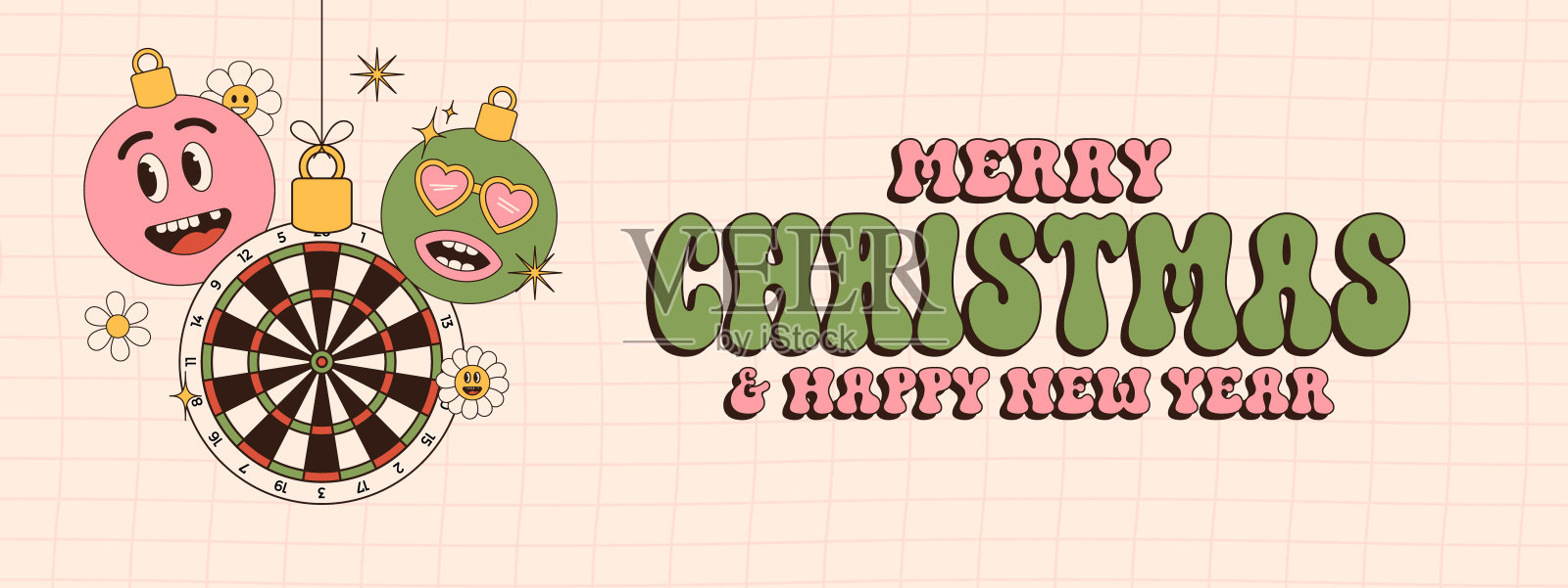 飞镖圣诞快乐新年运动贺卡。活力背景上的时髦圣诞球挂饰。矢量图。插画图片素材