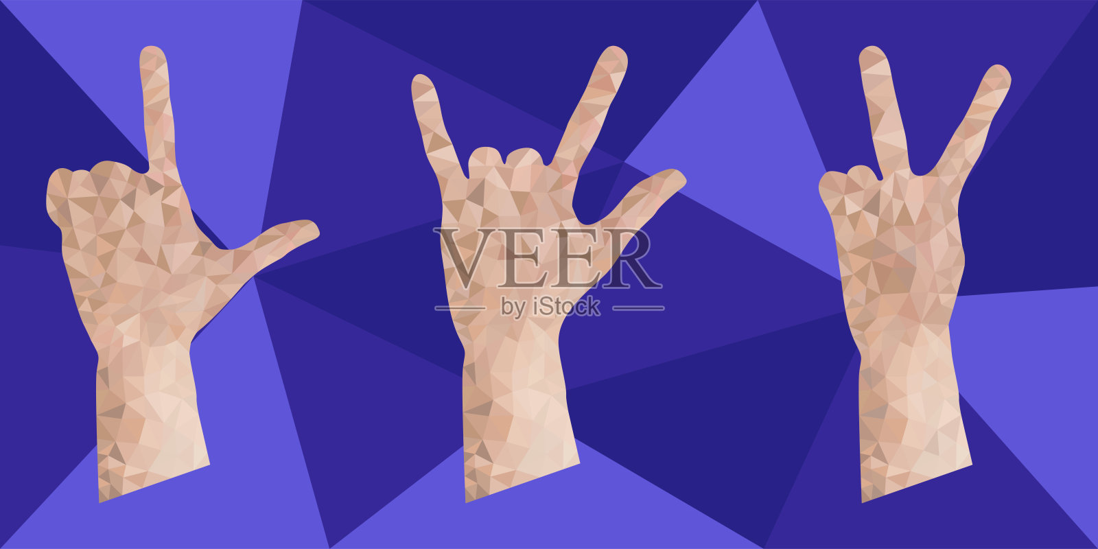 一套三角形抽象的手势技巧。方向向上，喇叭和和平手势。插画图片素材