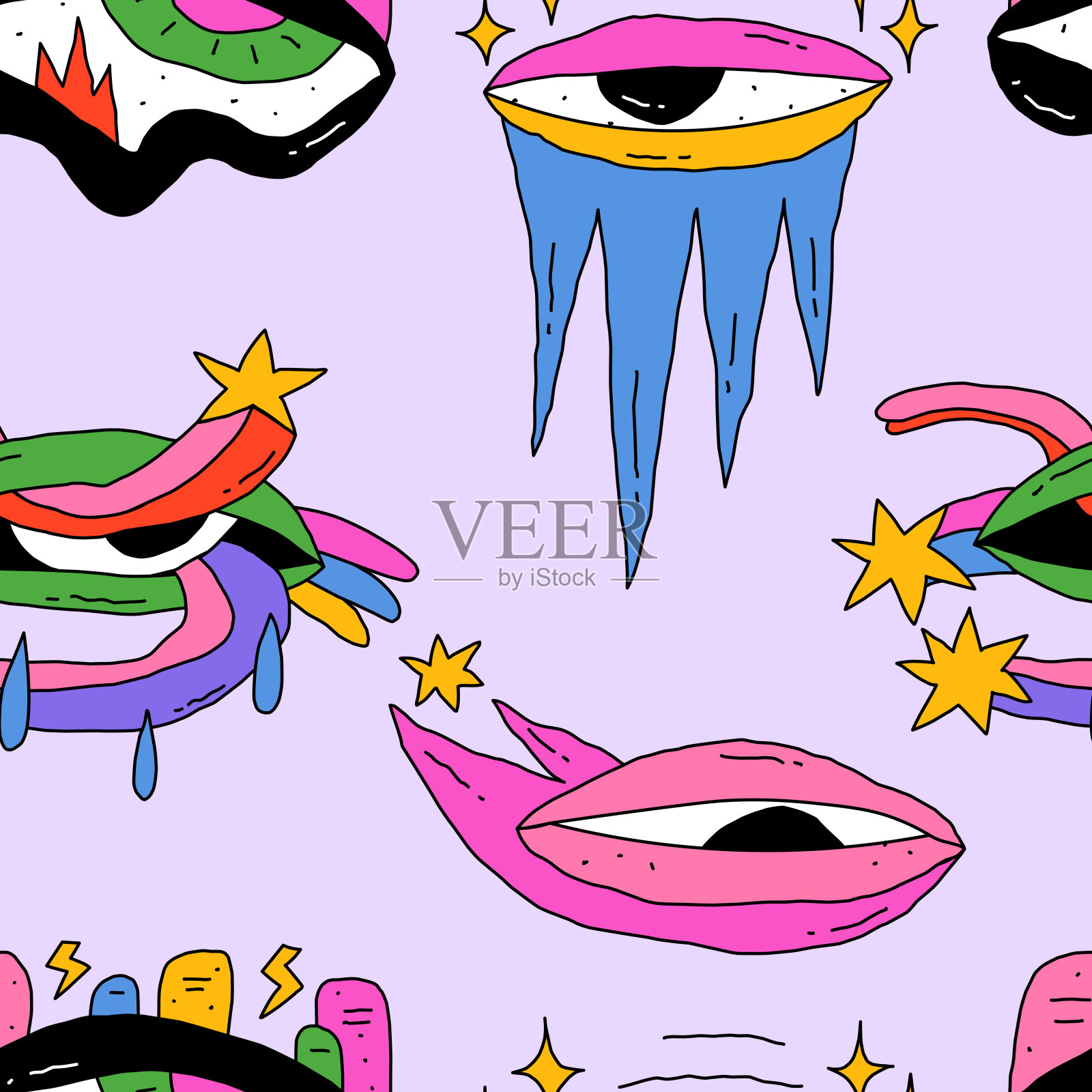 天衣无缝的图案——神秘的星体之眼。万圣节幽灵图案。塔罗牌和占星术。僵尸之眼的全视之眼。迷幻的70年代的groove和funky。神奇的精神装饰。嬉皮士迷幻风格插画图片素材