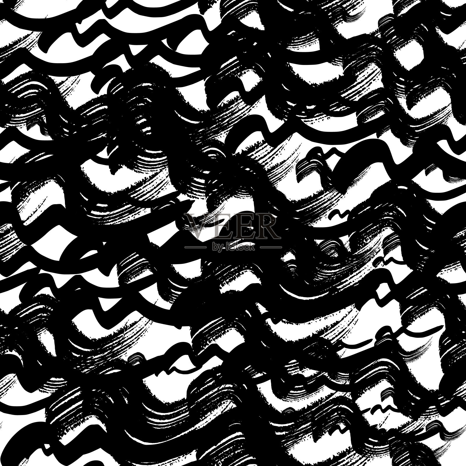 无缝图案与黑色波浪垃圾刷笔触插画图片素材