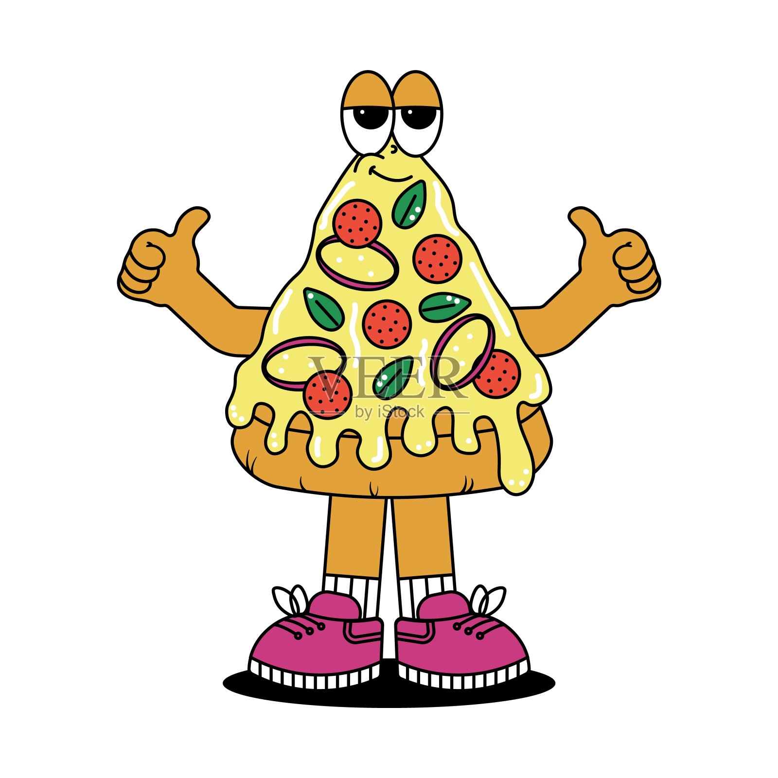 复古复古的卡通人物披萨。可爱的吉祥物，带着迷幻的微笑和情感。时髦的矢量插图在groovy风格插画图片素材