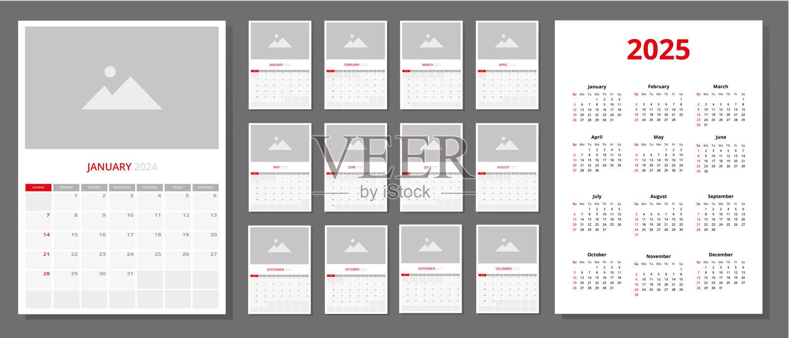 2024年的月历，有图片空间，加上2025年的年历，一周从周日开始插画图片素材