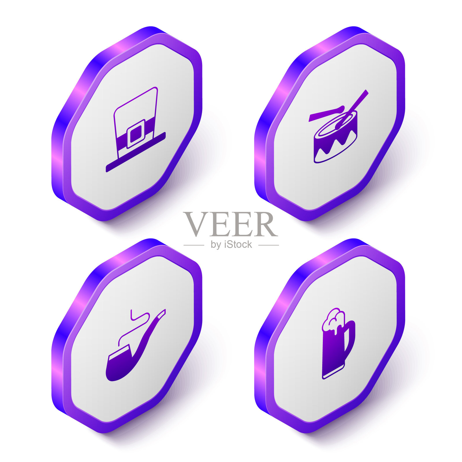 集等距小妖精帽，鼓鼓棒，吸烟烟斗和啤酒的玻璃图标。紫色六边形按钮。向量插画图片素材