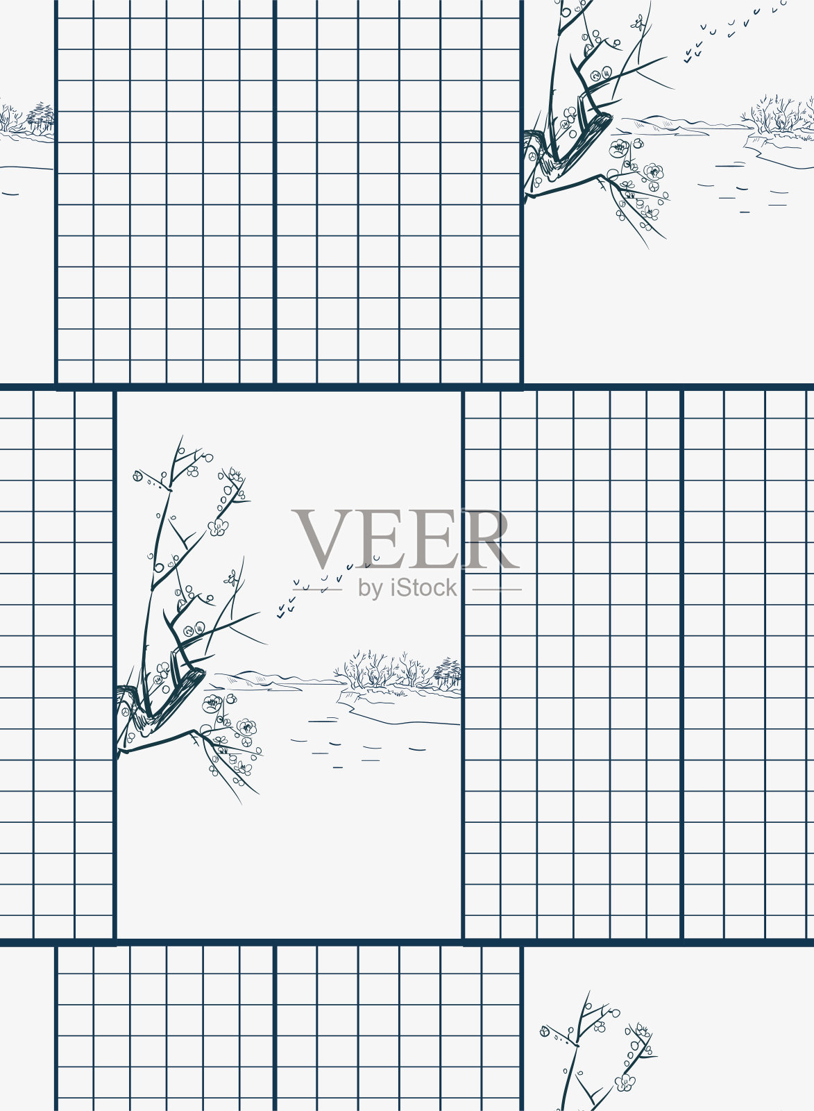 建筑纸墙日式中式设计素描水墨画风卡无缝图案插画图片素材