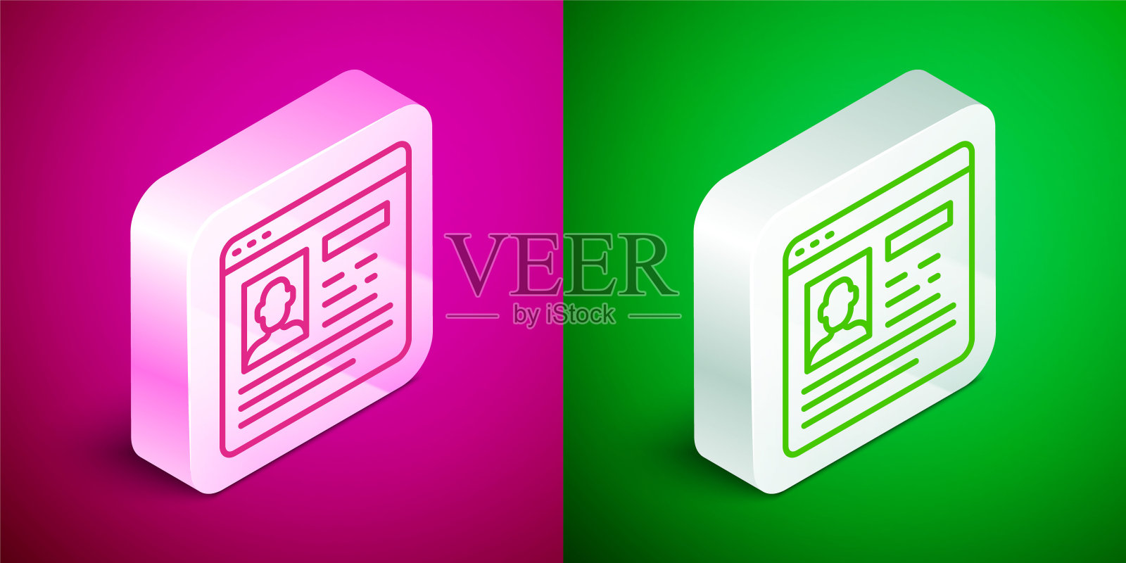 等距线简历图标隔离在粉红色和绿色背景。简历的应用程序。寻找专业人员。分析人员简历。银色方形按钮。向量插画图片素材