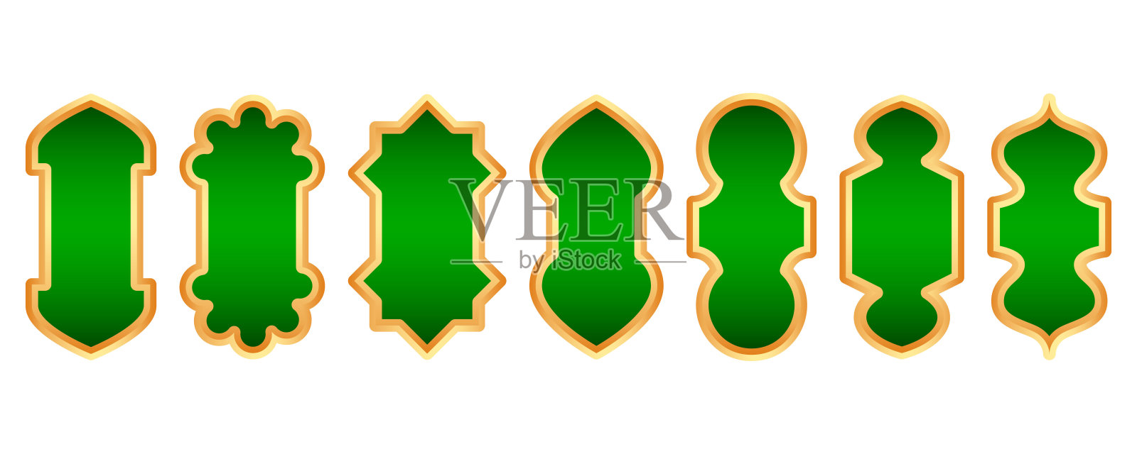 斋月金框。伊斯兰窗形。阿拉伯矢量拱。穆斯林复古边界设计与绿色背景。东方风格的印度装饰。插画图片素材