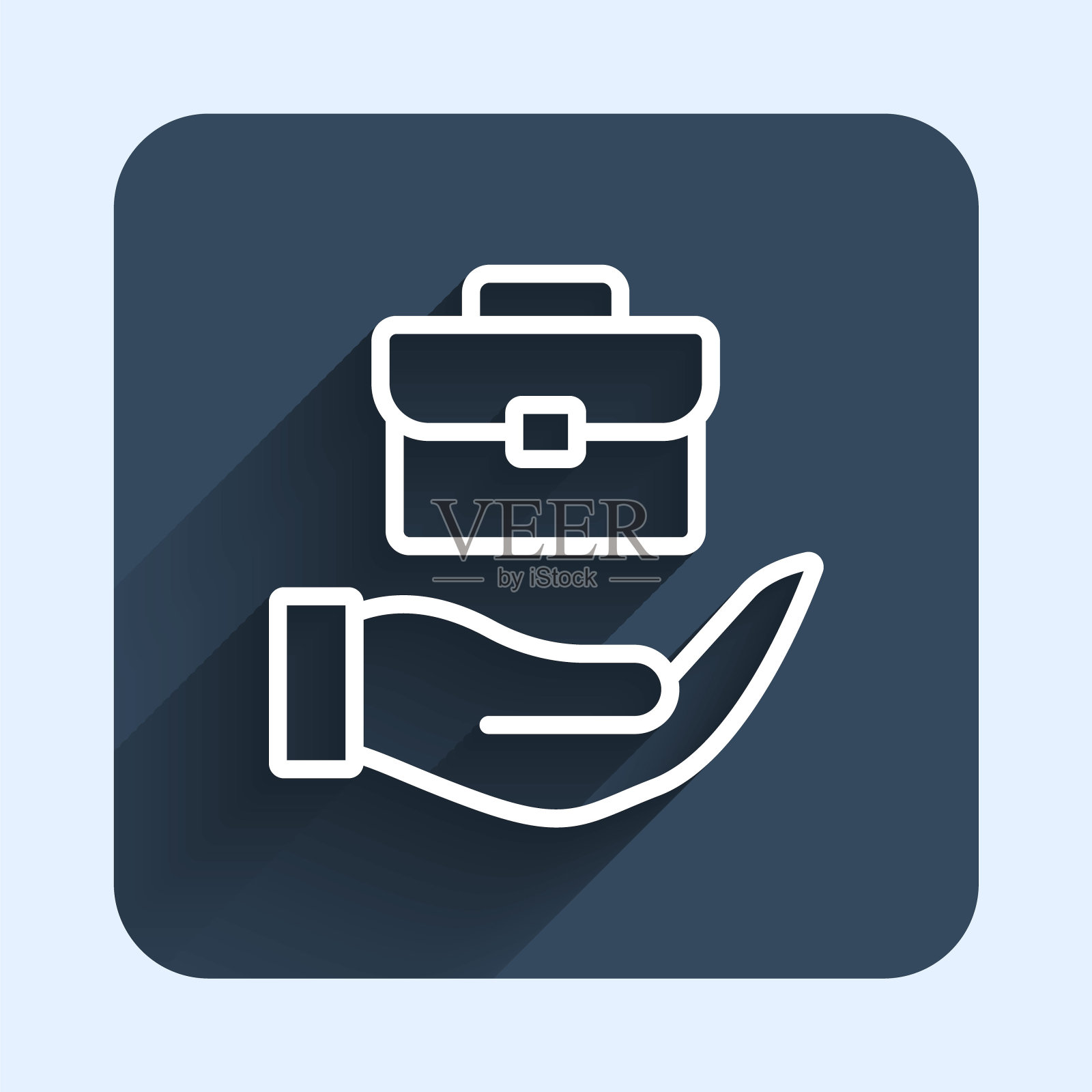 白线手持公文包图标孤立与长阴影背景。保险的概念。安全、安全、保护、保护的理念。蓝色方形按钮。向量插画图片素材