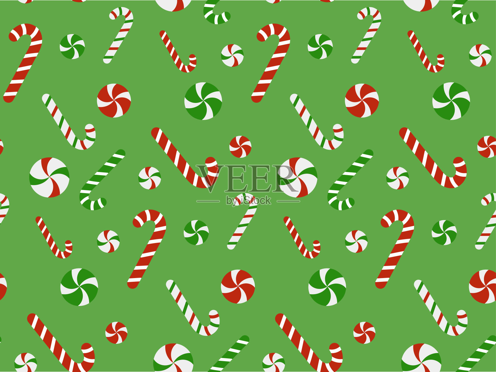 无缝图案与棒棒糖棒，红色条纹在绿色的背景。矢量插图的糖果手杖插画图片素材
